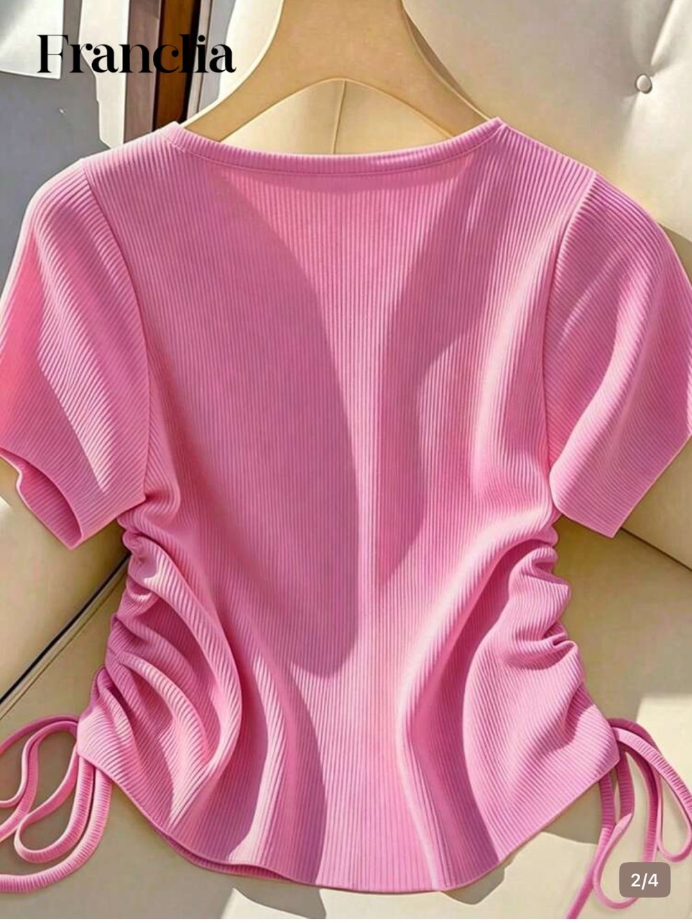 Pink Ribbed Button-Front Short Sleeve Top - Picture 2 of 2